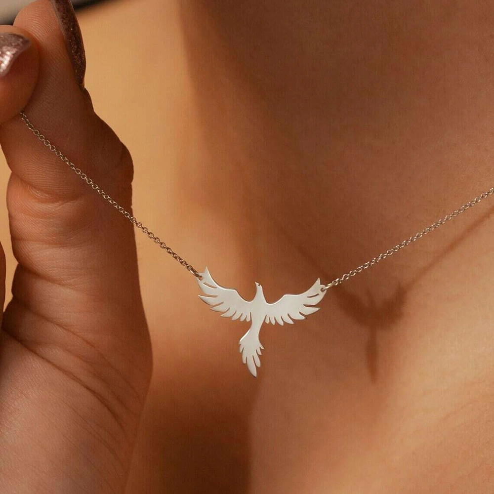 Womens Stainless Steel Necklace With Phoenix Firebird Pendant, Clavicle Chain