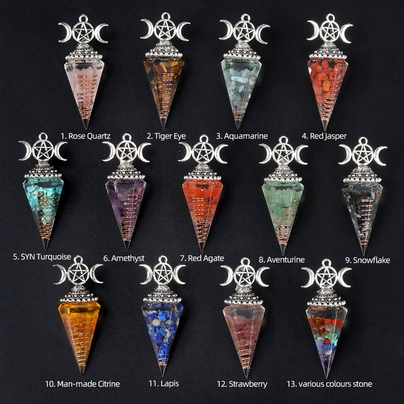 Colorful Crushed Stone Resin Crystal Gemstone Hexagonal Pyramid Spiritual Pendant Ornament