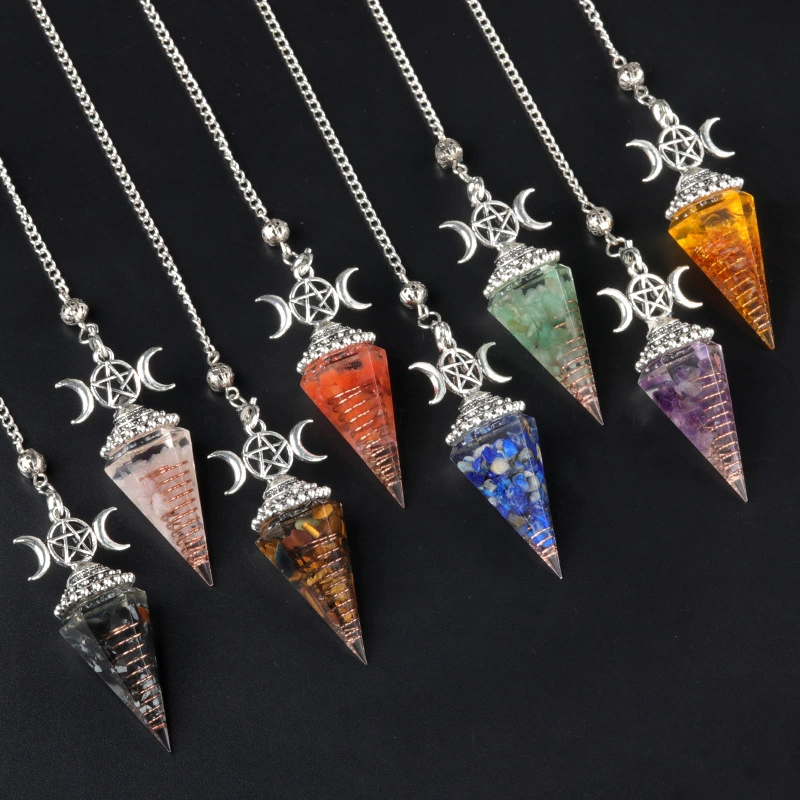 Colorful Crushed Stone Resin Crystal Gemstone Hexagonal Pyramid Spiritual Pendant Ornament