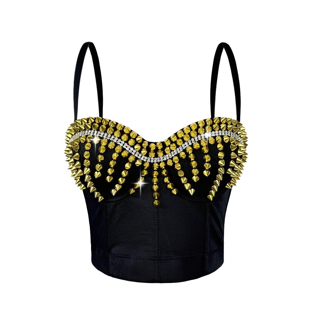 Sleek Edgy Outerwear Top With Exposed Midriff And Decorative Rivets