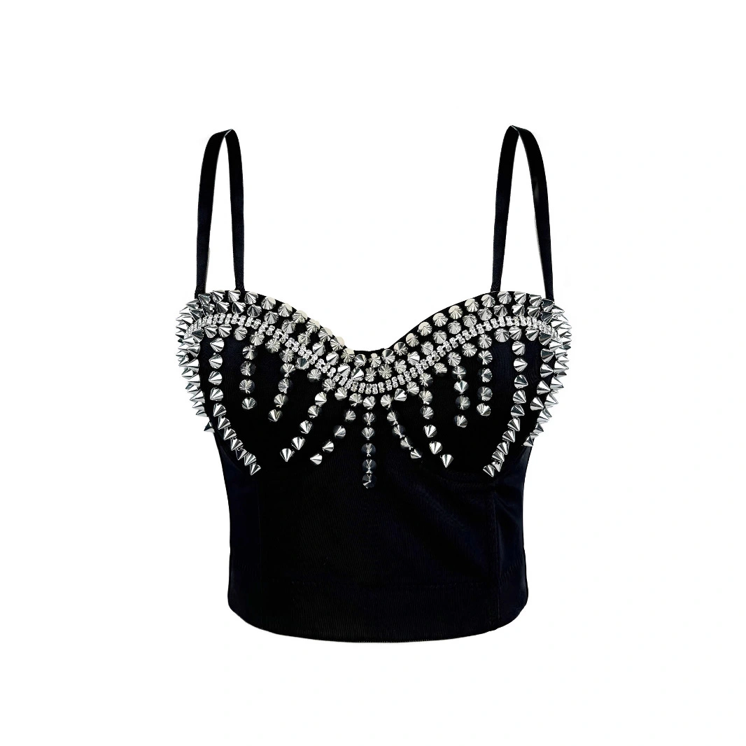 Sleek Edgy Outerwear Top With Exposed Midriff And Decorative Rivets