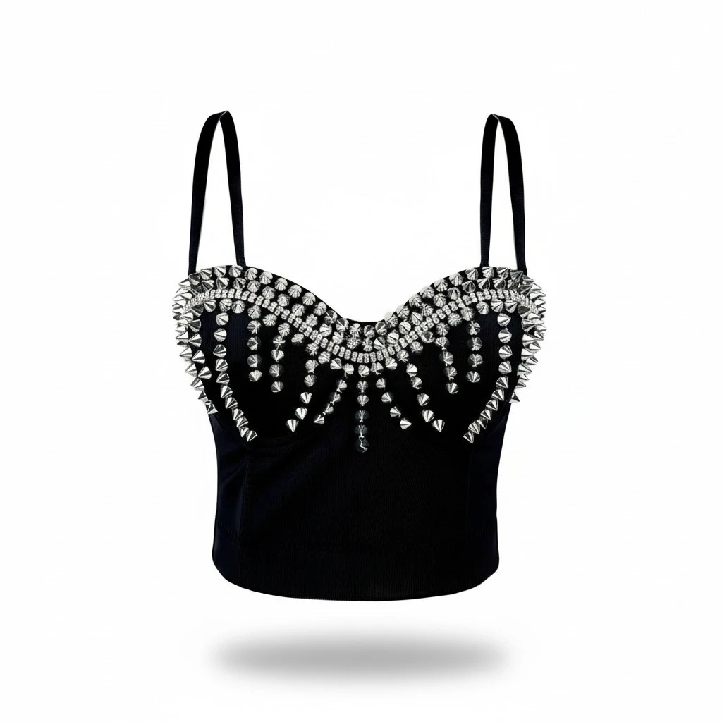 Sleek Edgy Outerwear Top With Exposed Midriff And Decorative Rivets