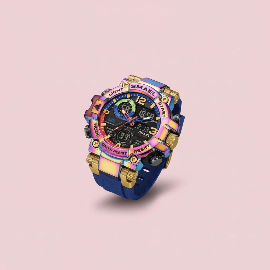 Mens Alloy Multicolor Multi-Function Dual-Display Sports Watch