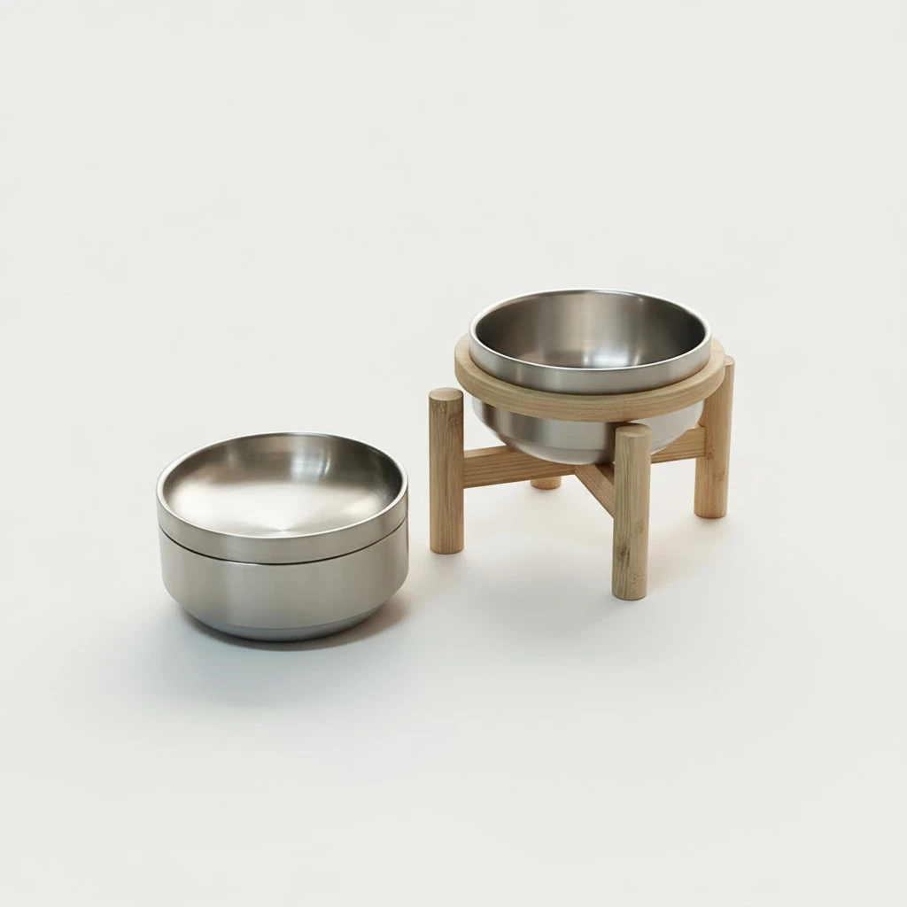 Stainless Steel Cat Bowl On A Raised Wooden Stand To Prevent Tipping