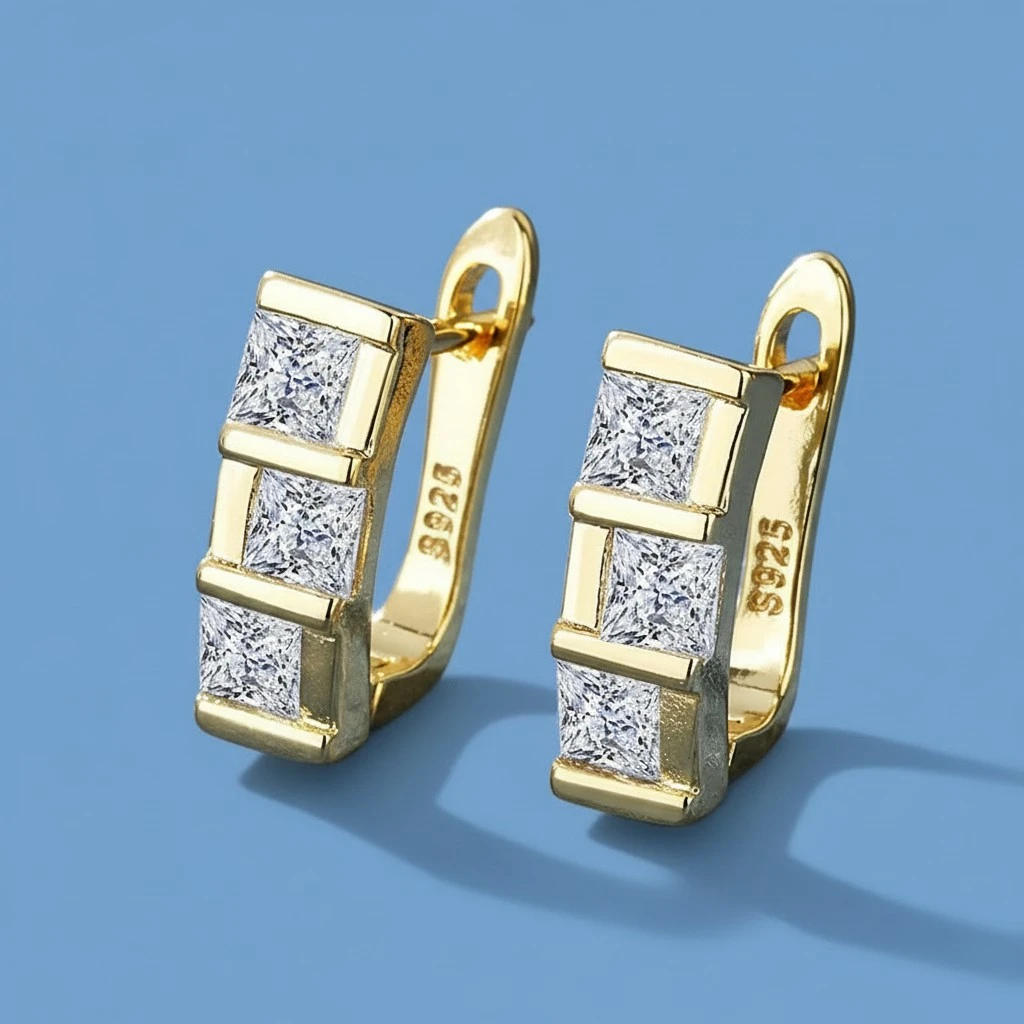 Womens Square Zircon Double-Clasp Earrings