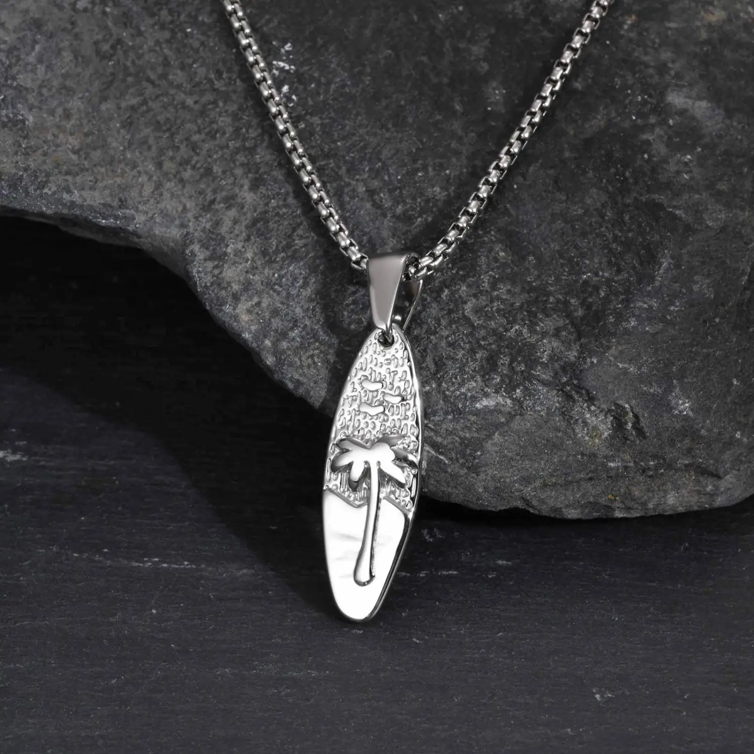 Mens Casual Resort-Style Stainless Steel Oval Coconut Tree Pendant Necklace