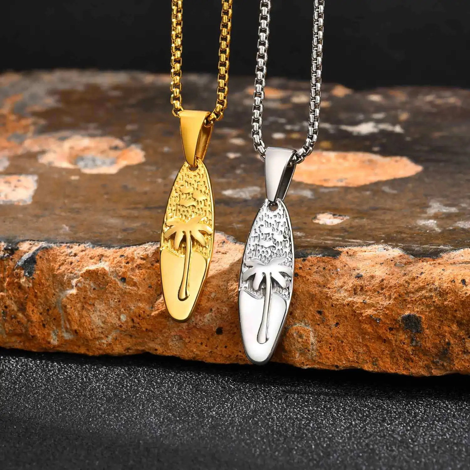 Mens Casual Resort-Style Stainless Steel Oval Coconut Tree Pendant Necklace