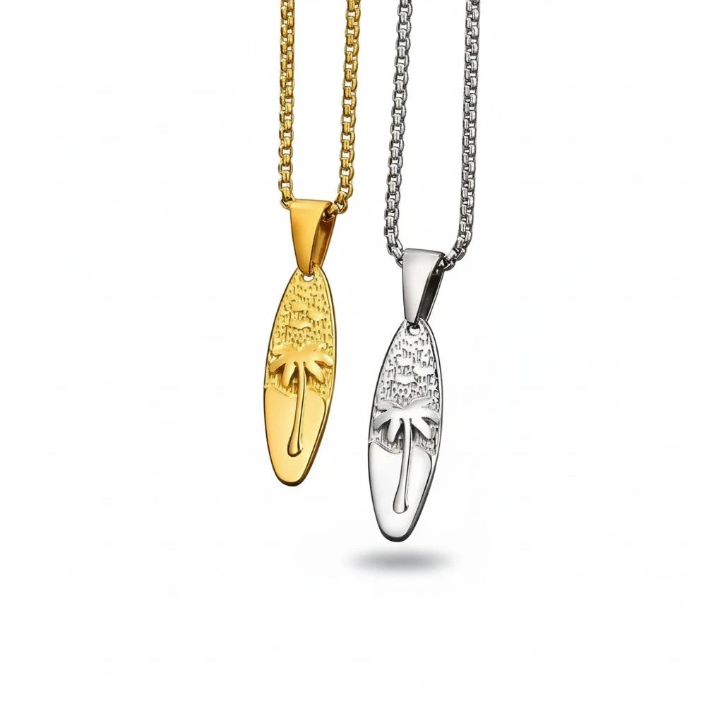 Mens Casual Resort-Style Stainless Steel Oval Coconut Tree Pendant Necklace