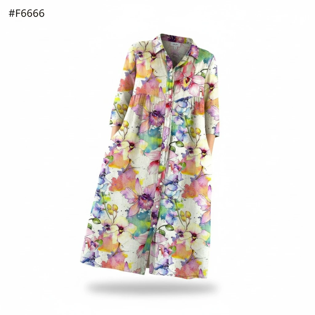 Multi-Color Watercolor Orchid Midi Dress