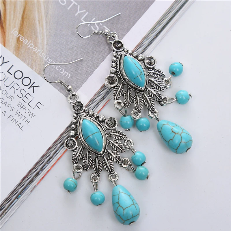 Fashionable Bohemian Vintage Carved Turquoise Teardrop Tassel Earrings