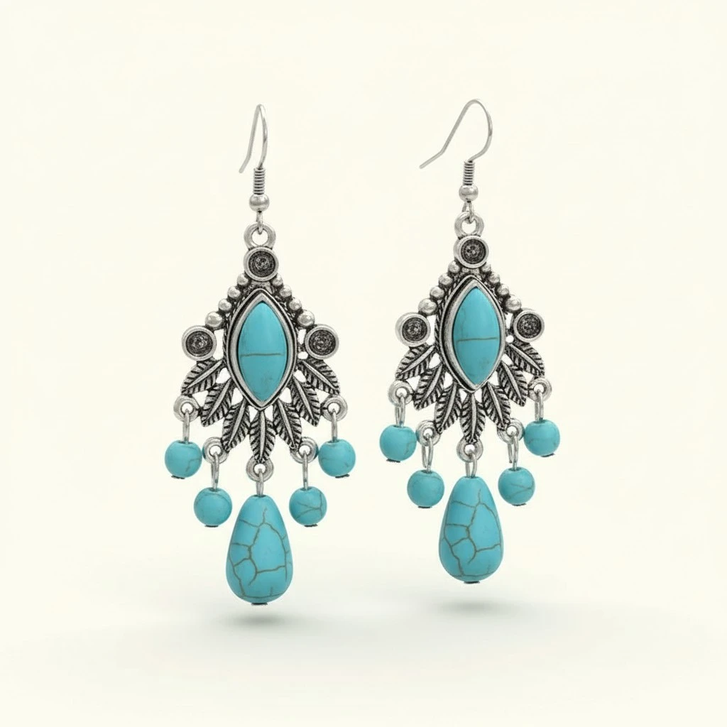 Fashionable Bohemian Vintage Carved Turquoise Teardrop Tassel Earrings