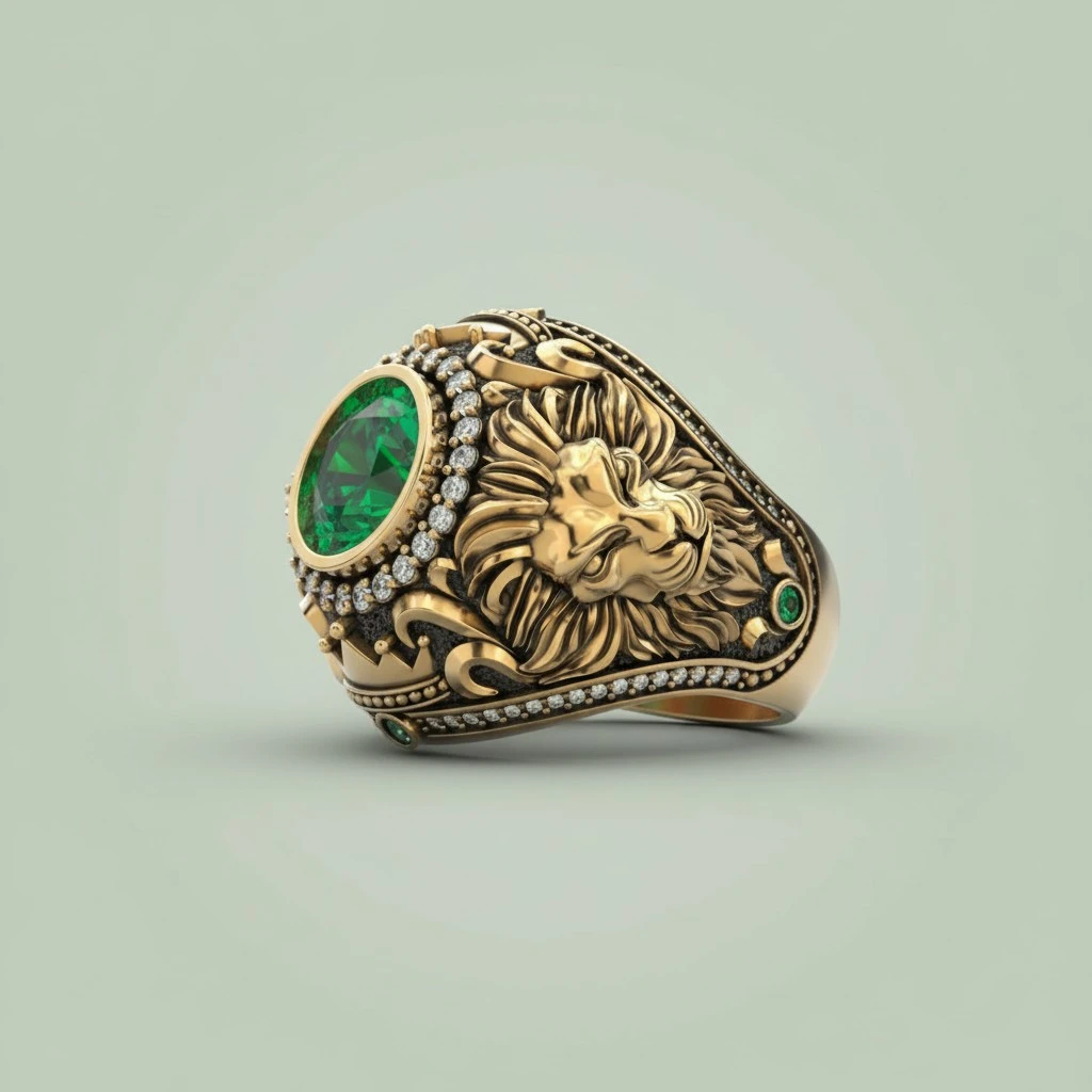 Vintage Mens Ring In Alloy Featuring A Lion Design With Diamond Accents