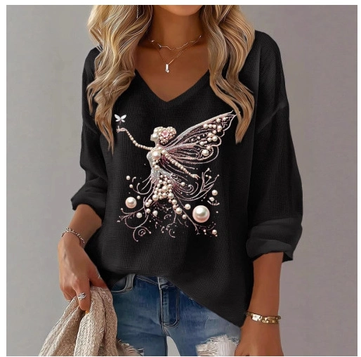 Womens Printed Loose V-Neck Top