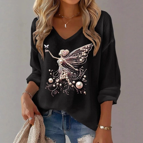 Womens Printed Loose V-Neck Top