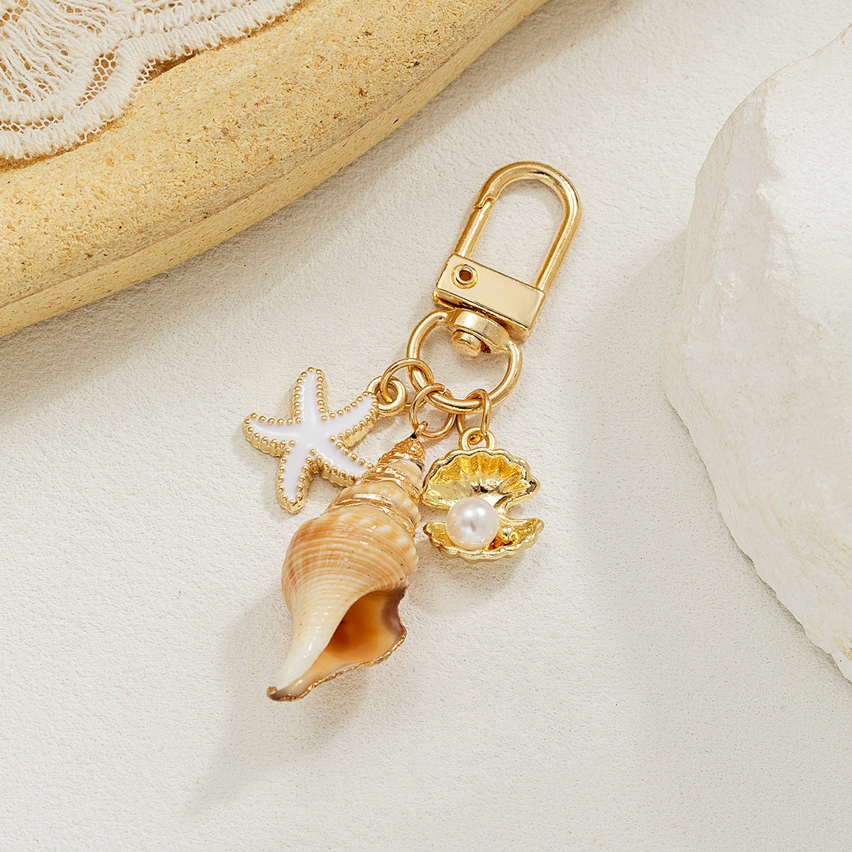 Seaside Alloy Natural Shell Pearl Keychain