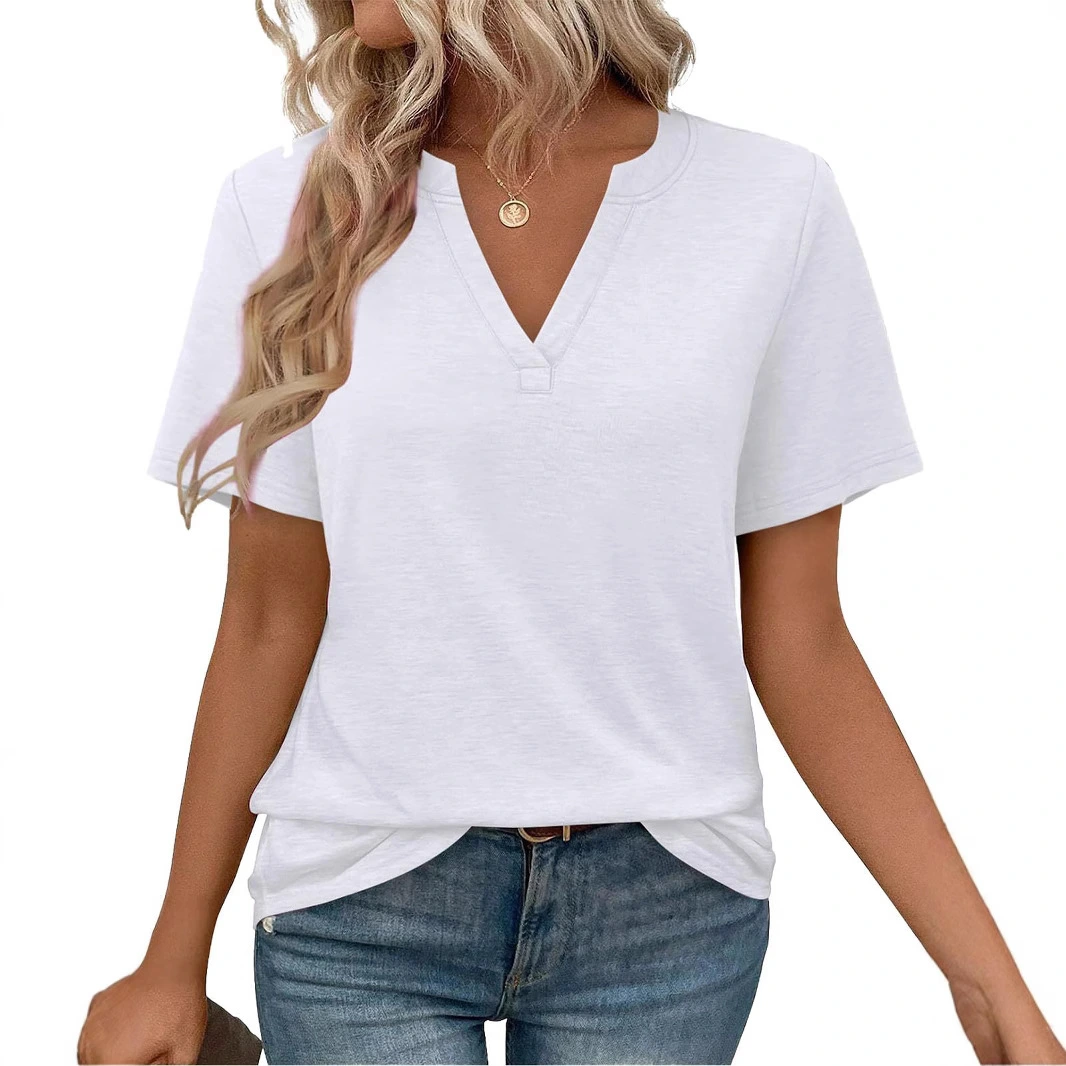 Womens T-shirt With V-neck Loose-fit Casual Solid-color Top