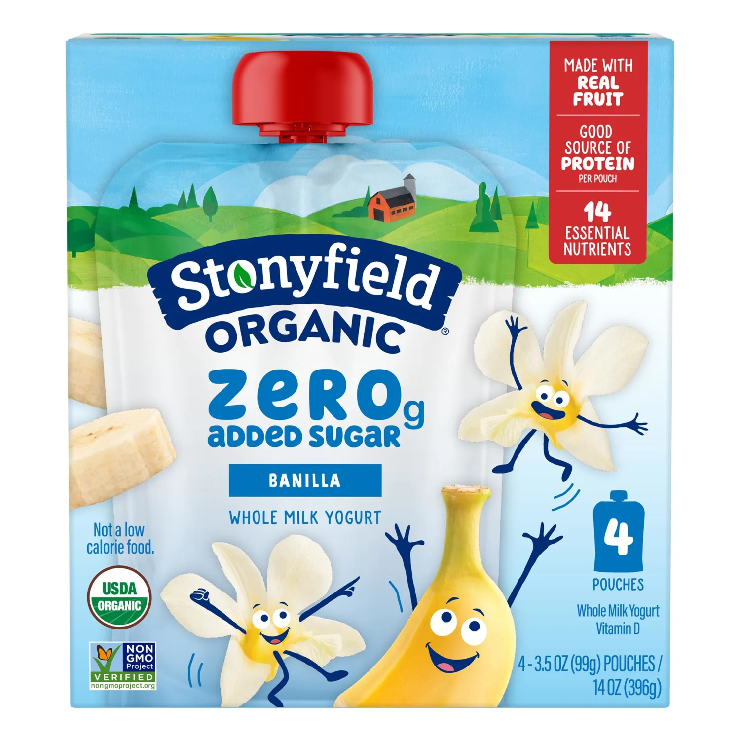 Stonyfield Organic Kids Zero Grams Added Sugar Banilla Whole Milk Yogurt, 3.5 oz Pouches, 4 ct Pack