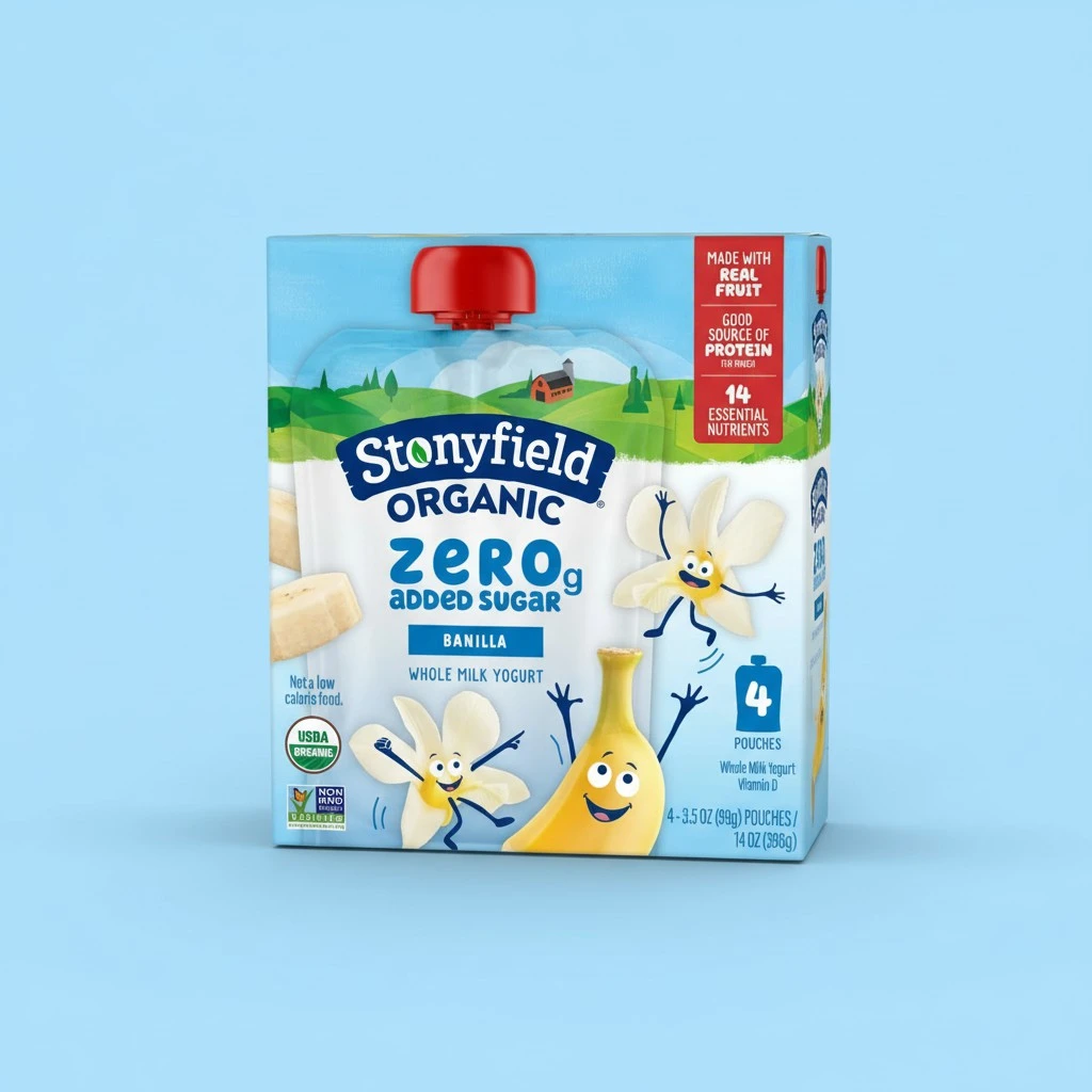 Stonyfield Organic Kids Zero Grams Added Sugar Banilla Whole Milk Yogurt, 3.5 oz Pouches, 4 ct Pack