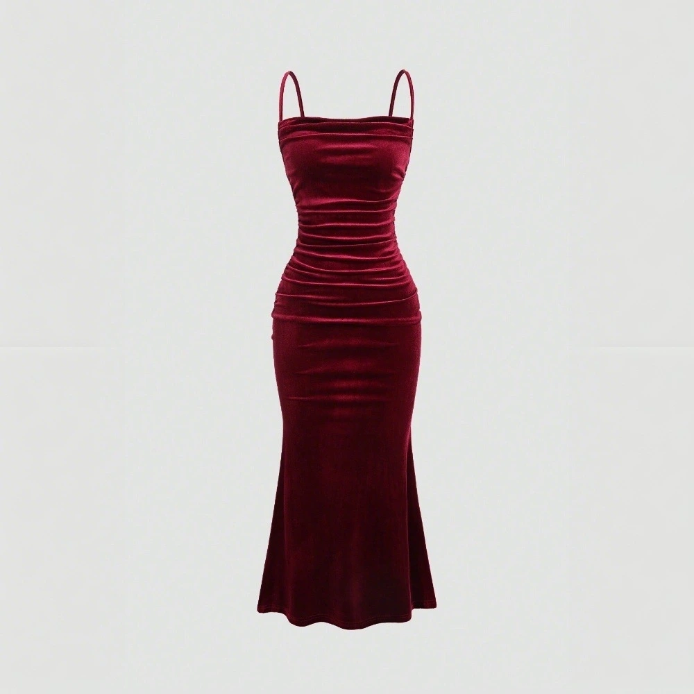 European And American Women's Velvet Strapless Dress, Mid-length Banquet Dress With Elegant Temperament