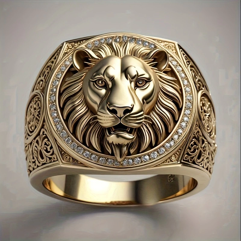 18K Gold Mens Ring With Diamond-Encrusted Lion Design