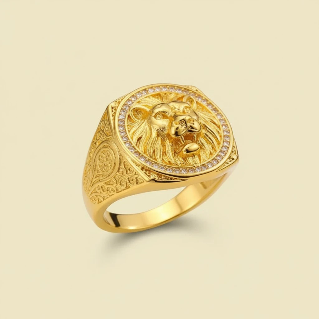 18K Gold Mens Ring With Diamond-Encrusted Lion Design