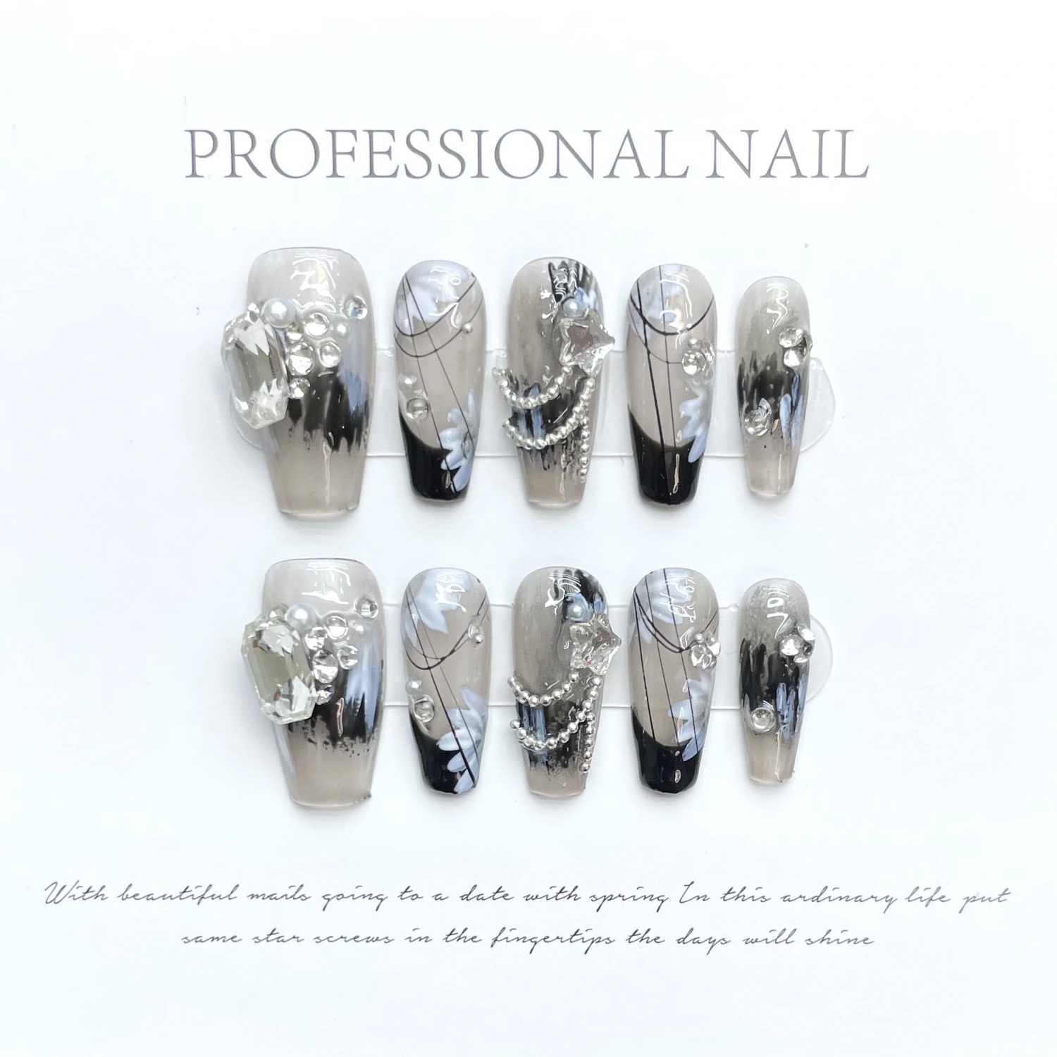 Mysterious Black-themed New Chinese-style Icy-cool Rhinestone Nail Tips For Wear