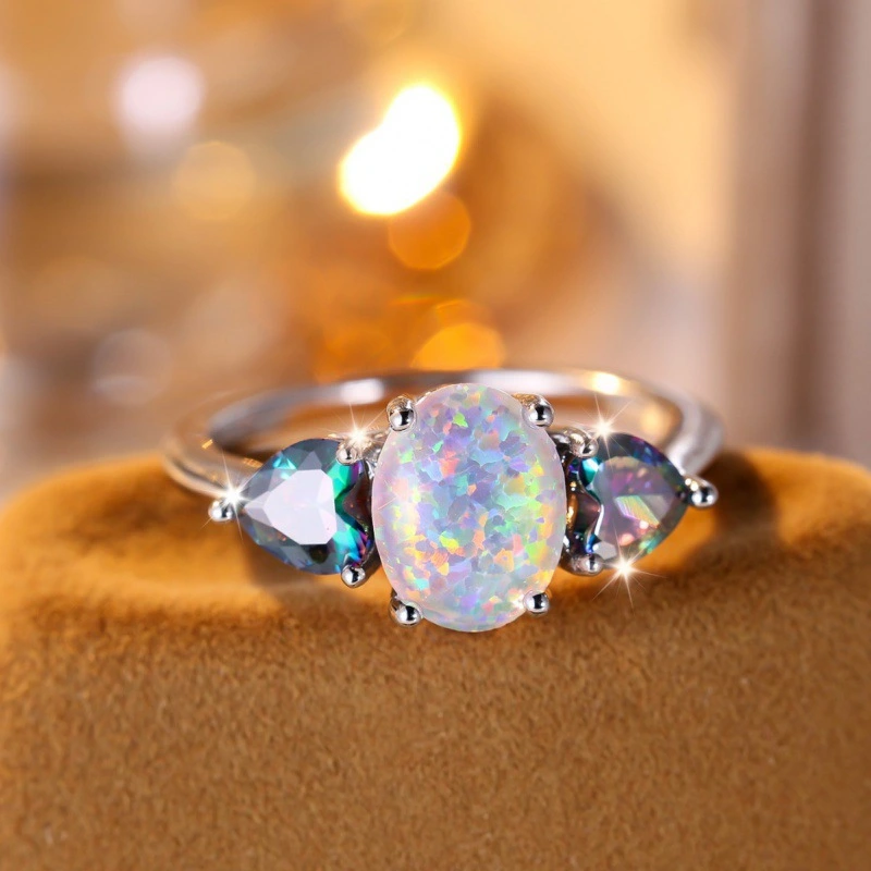 Colorful Heart-shaped Middle White Opal Ring Versatile Personality Simplicity
