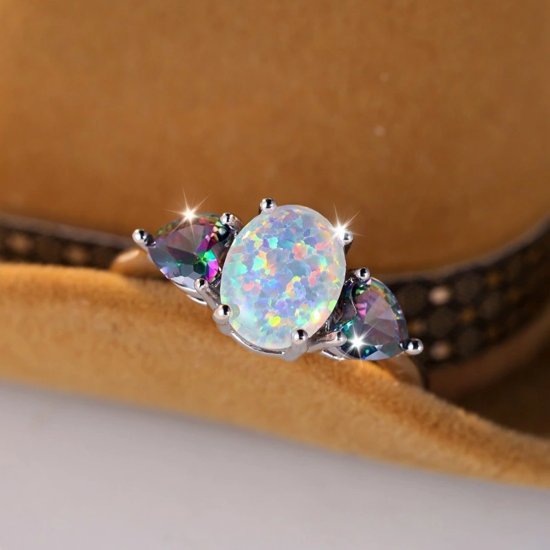 Colorful Heart-shaped Middle White Opal Ring Versatile Personality Simplicity