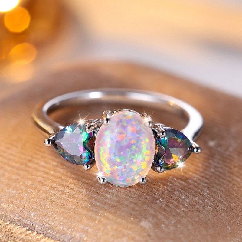 Colorful Heart-shaped Middle White Opal Ring Versatile Personality Simplicity