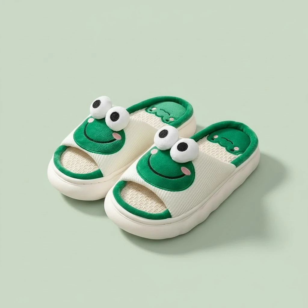 Frog Slippers For Women Men Cartoon Animal Cotton Slippers Fuzzy Plush Slides Winter Warm House Slippers Cartoon Animal Shape Slippers, Womens Four Seasons Home Linen Slippers