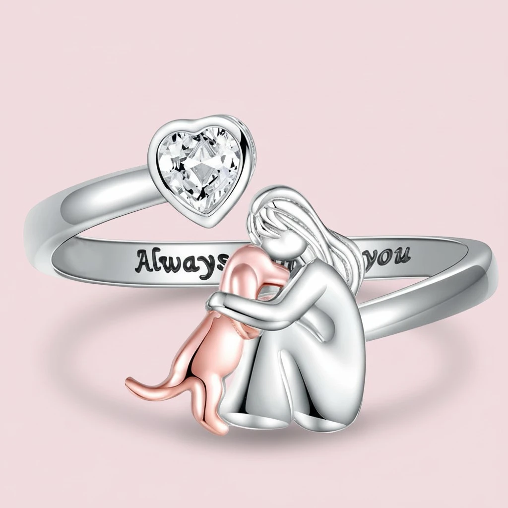 Girl And Dog Animal Heart-shaped Open Ring
