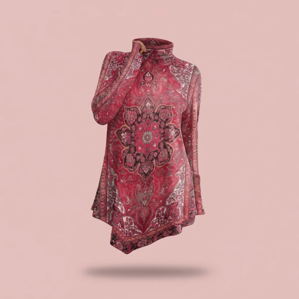 Mandala Print Turtleneck Asymmetric Hem Loose Top