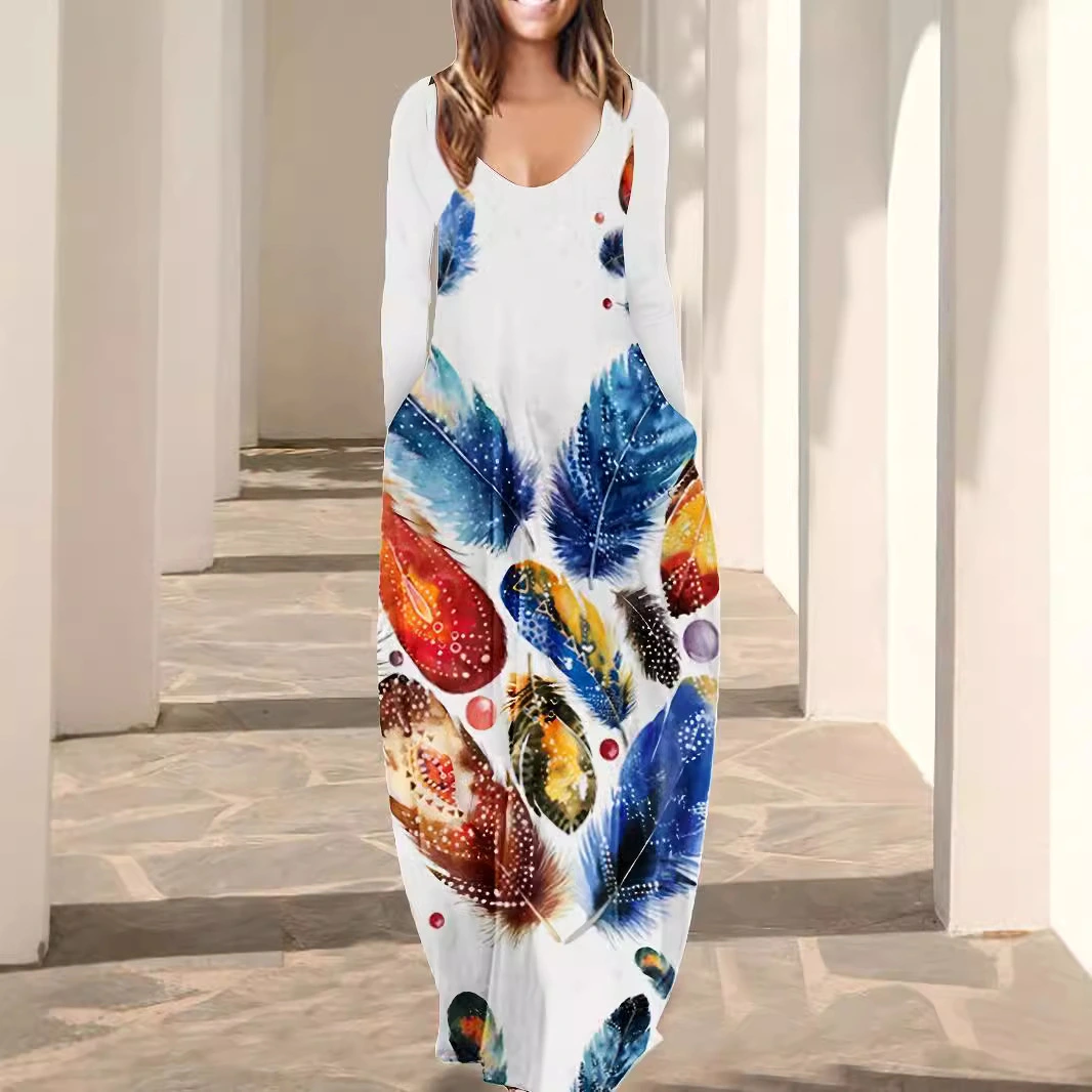 Printed V-neck Loose Casual Chic Long Dress