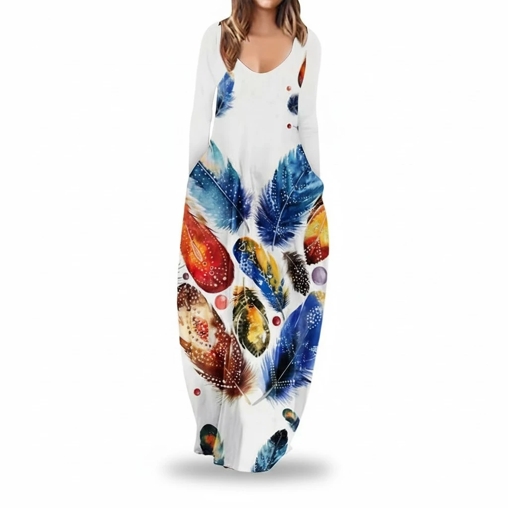 Printed V-neck Loose Casual Chic Long Dress