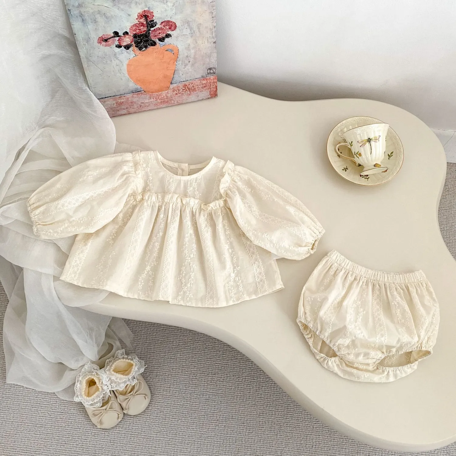 Floral Embroidered Shirt And Baggy Pants Two-Piece Set