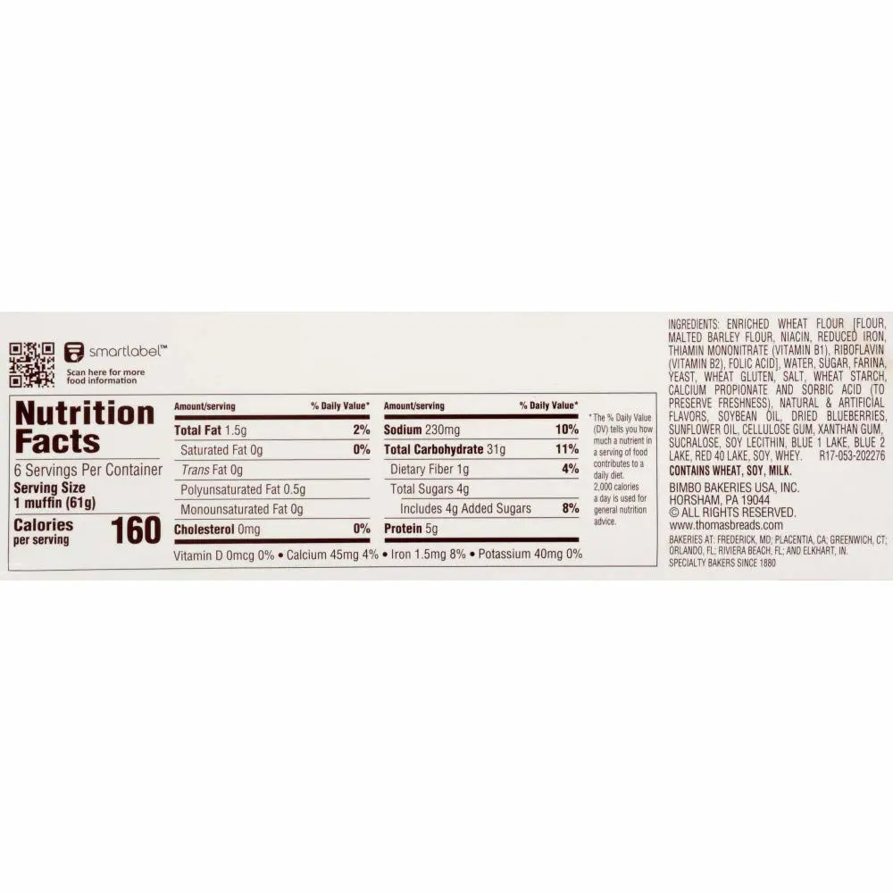 Thomas’ Blueberry English Muffins, Naturally and Artificially Flavored, 6 Count, 13 Oz Package of English Muffins