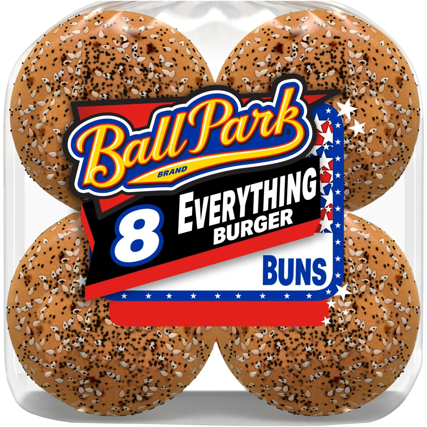Ball Park Everything Burger Buns, 8 count, (2.0 oz each), Pre-sliced Hamburger Buns, 16 oz Bag