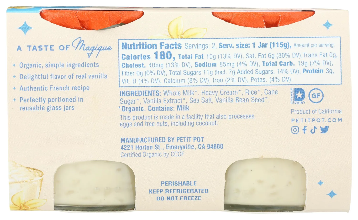 Petit Pot Organic French, Rice Pudding, Gluten Free, Kosher, Ready to Eat, No Artificial Ingredients & Preservatives, 7 Oz