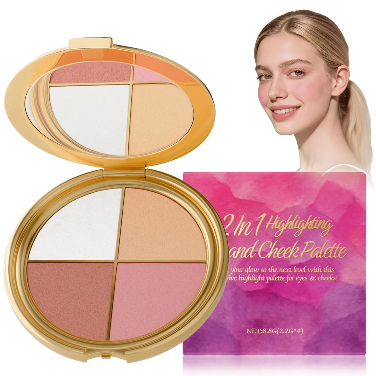 Travel Makeup Palette All-in-One, Featuring a Customizable Quad of Highlighter, Blush, and Neutral Eye Shades