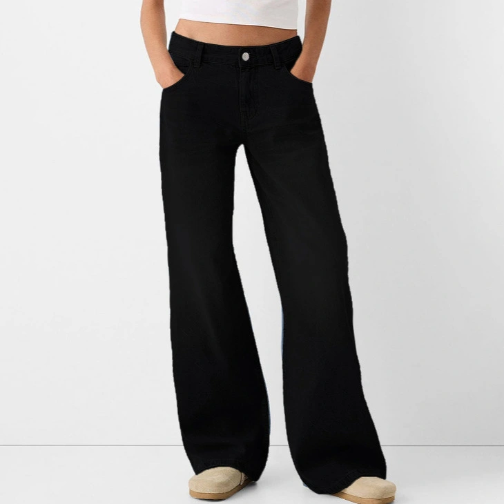 Womens Relaxed Wide-leg Denim Jeans In Solid Colorscasual And Versatile