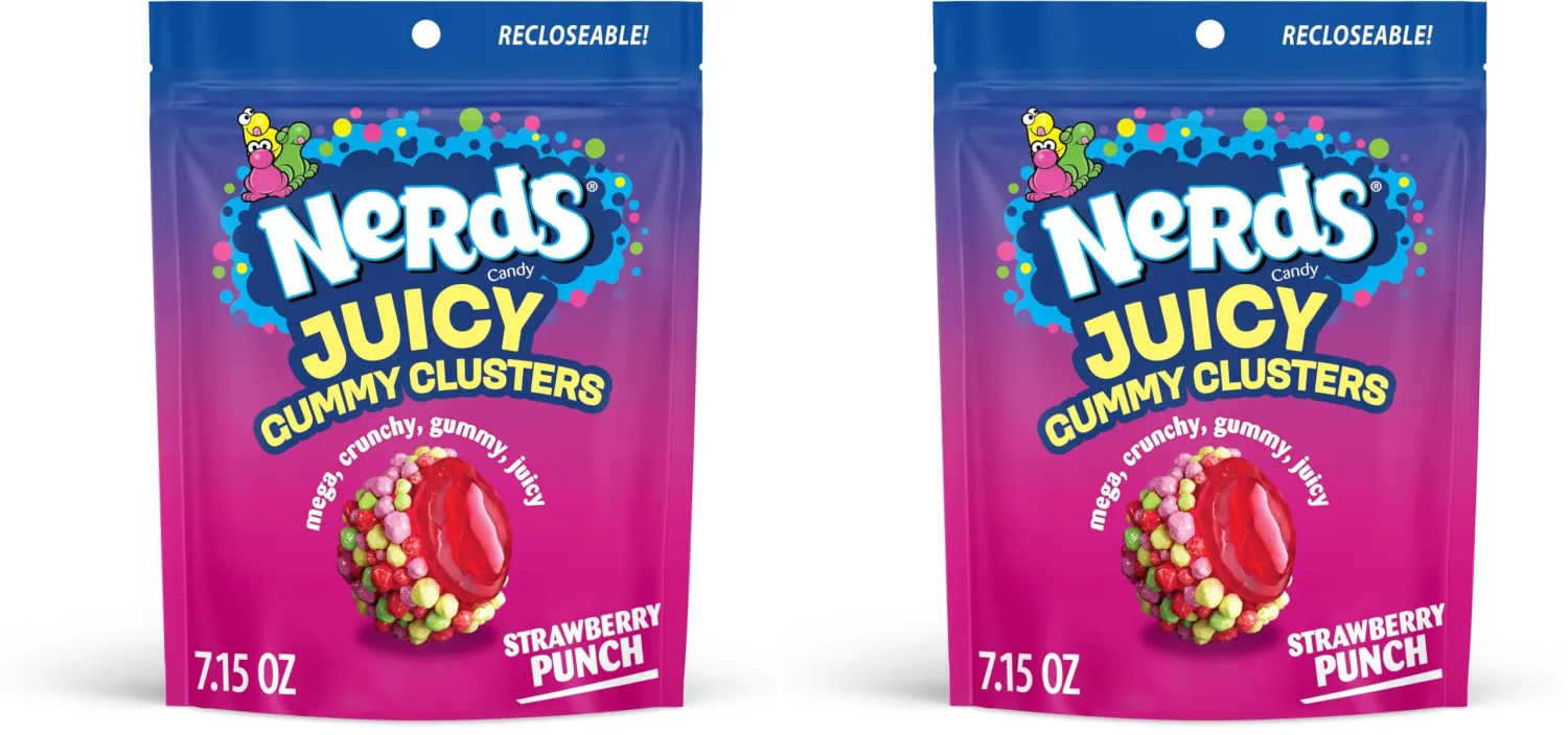 NERDS Juicy Gummy Clusters, Strawberry Punch, Juicy and Gummy Candy, 1 Stand Up Bag, for Snacking and Sharing, 7.15 oz (Pack of 2)