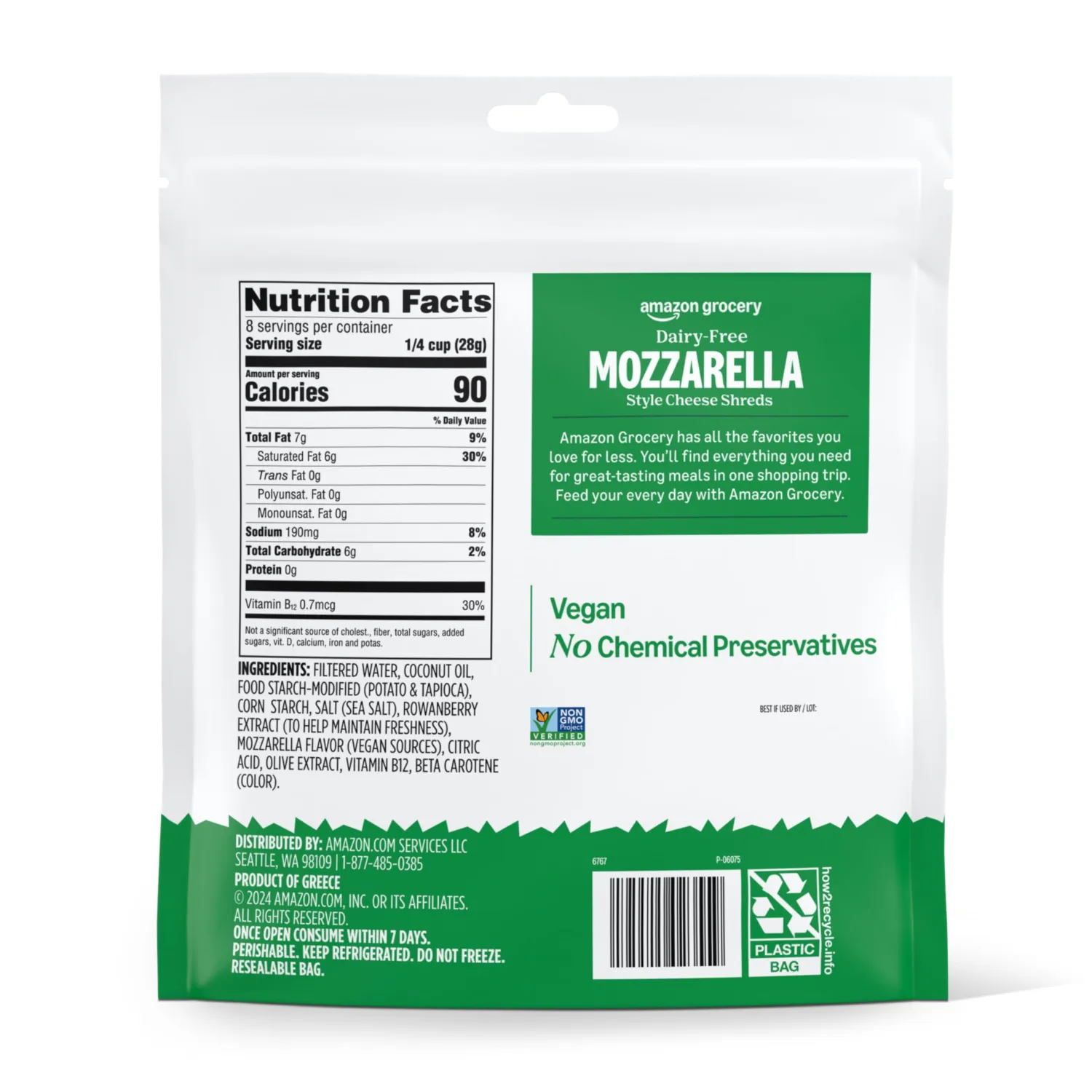 Amazon Fresh, Plant Based Shredded Mozzarella Cheese, 8 Oz
