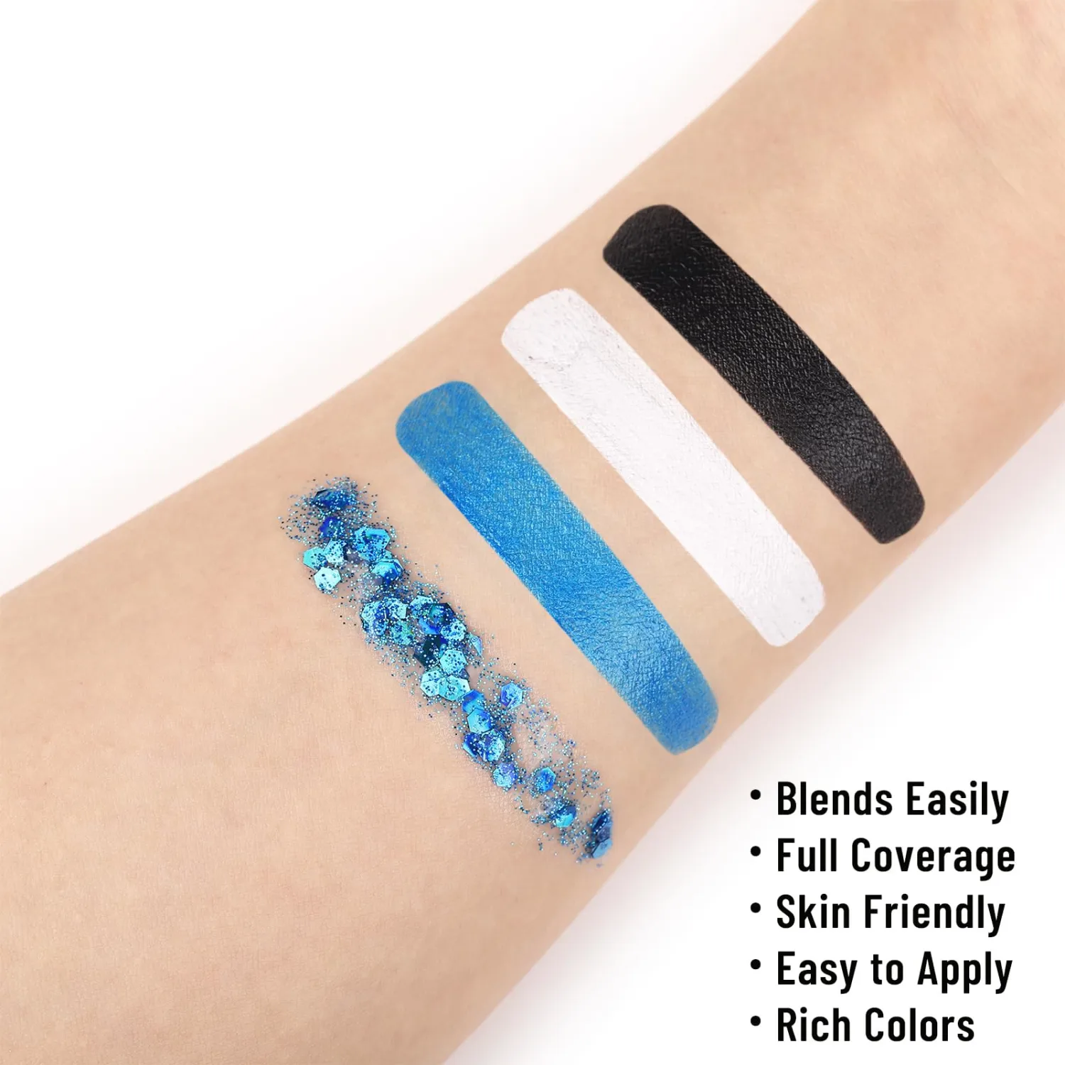 BOBISUKA Halloween Face Paint Kit - Black, White, Blue + Body Glitter Gel + Face Gems - Professional Washable Body Paint for SFX, Cosplay, Party, Stage Performance Makeup