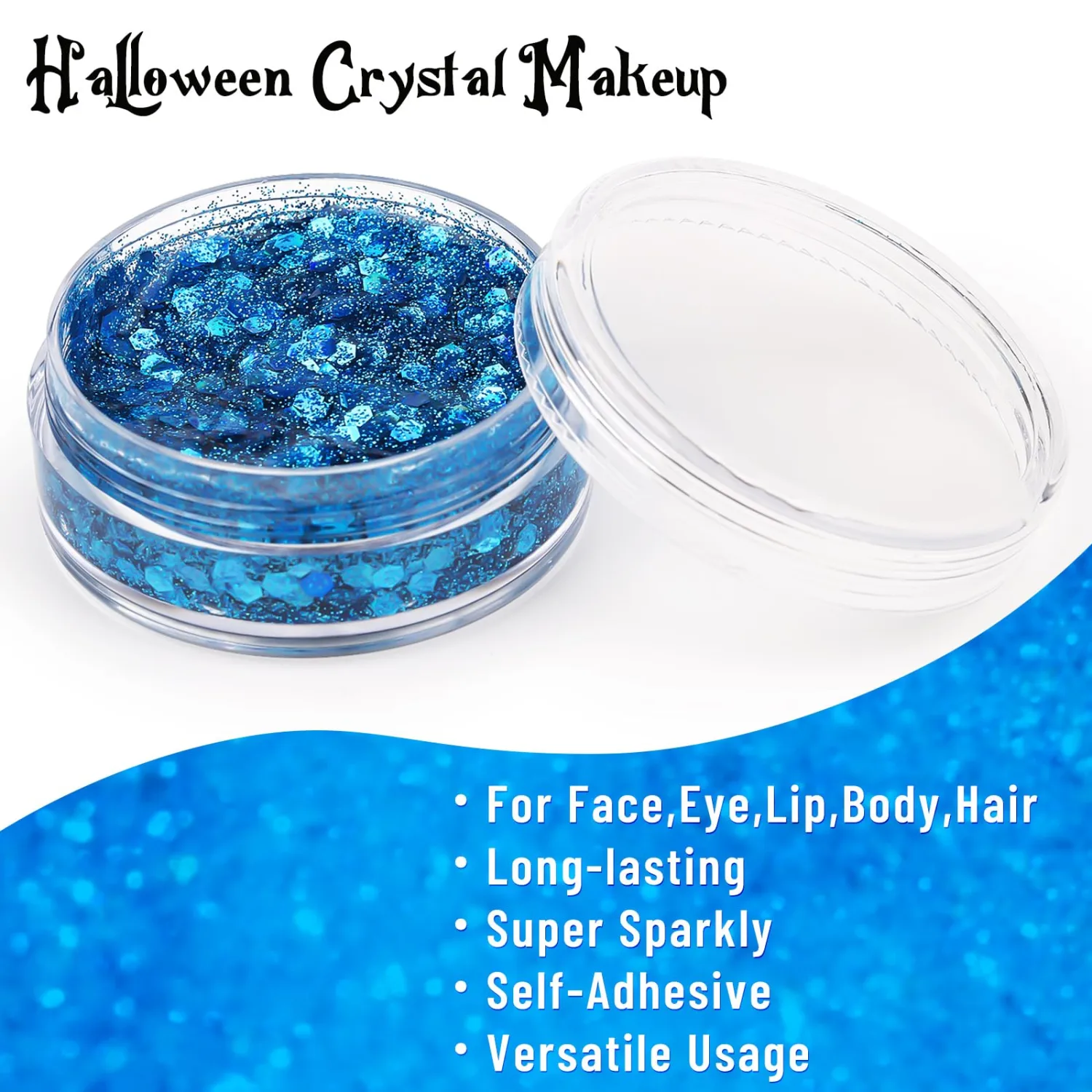 BOBISUKA Halloween Face Paint Kit - Black, White, Blue + Body Glitter Gel + Face Gems - Professional Washable Body Paint for SFX, Cosplay, Party, Stage Performance Makeup
