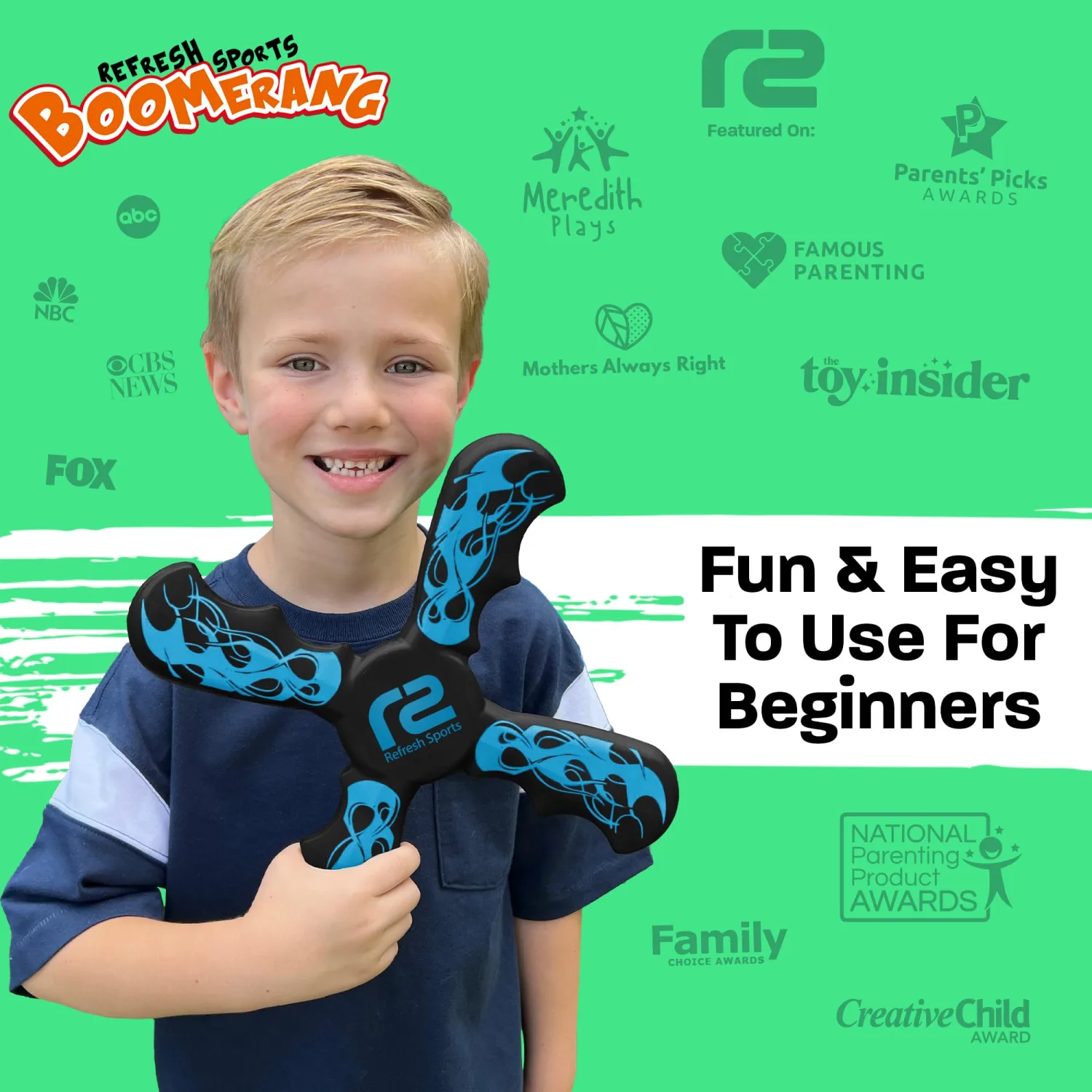 Refresh Sports Boomerang for Kids & Adults - Soft, Durable, Easy to Throw & Catch - Ages 4-8 - Outdoor, Beach, Pool Play - Jet Black
