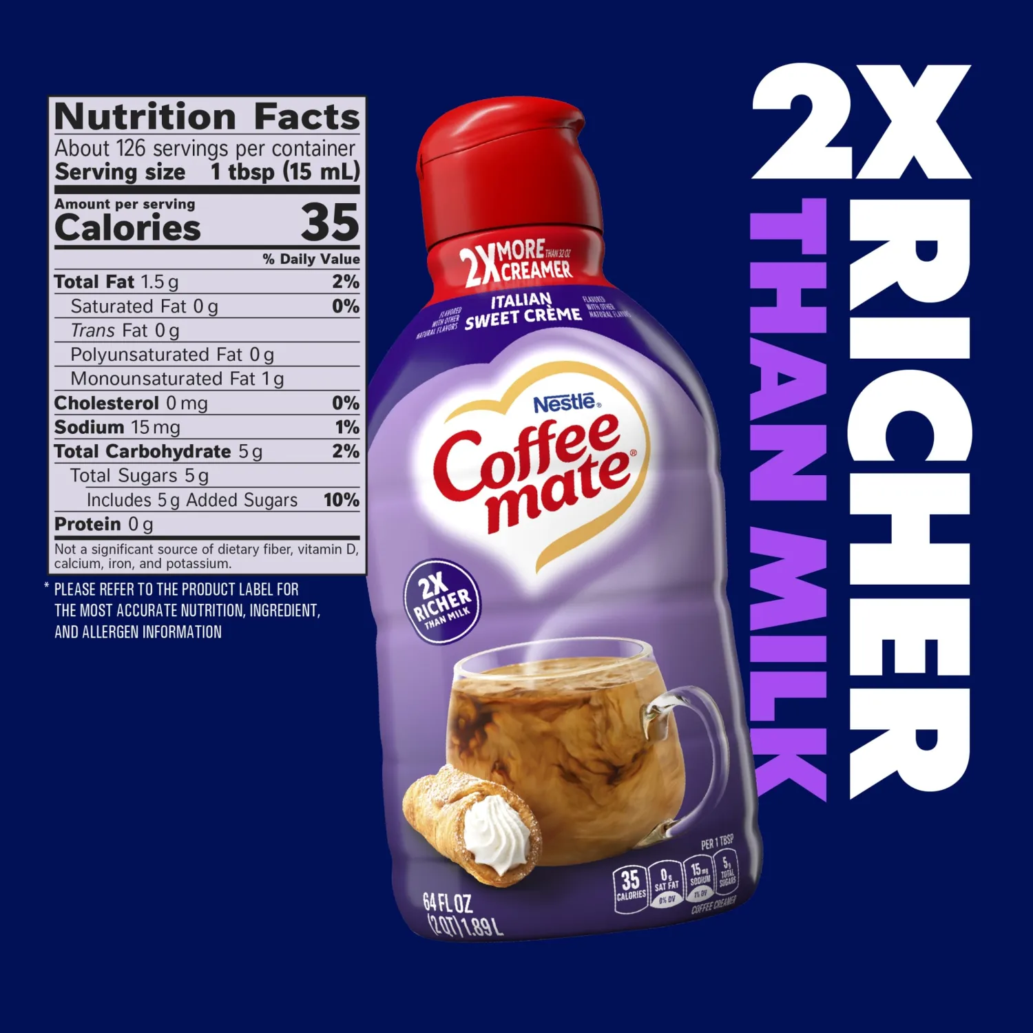 Coffee mate Italian Sweet Crème Flavored Coffee Creamer, Non-Dairy, Gluten-Free, Liquid Creamer for Coffee, Cholesterol Free, 126 Servings