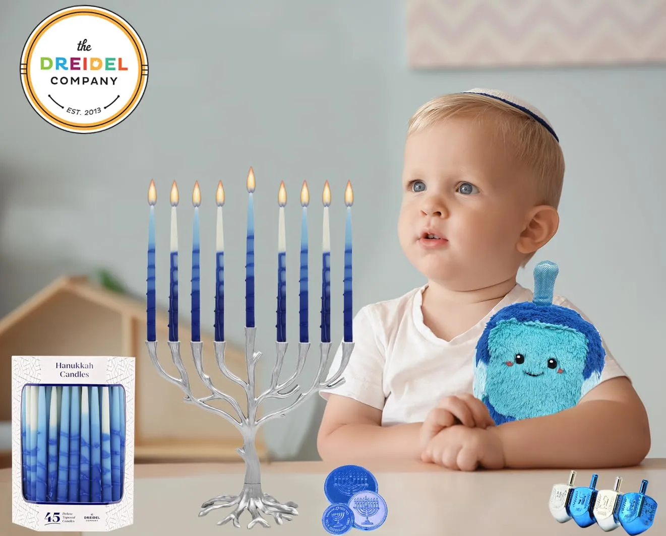 The Dreidel Company 2-Pack, 45 Dripless Deluxe Tapered Pastel Blue and White Hanukkah Menorah Candles for All 8 Nights of Chanuka 1 Hour Burn Time