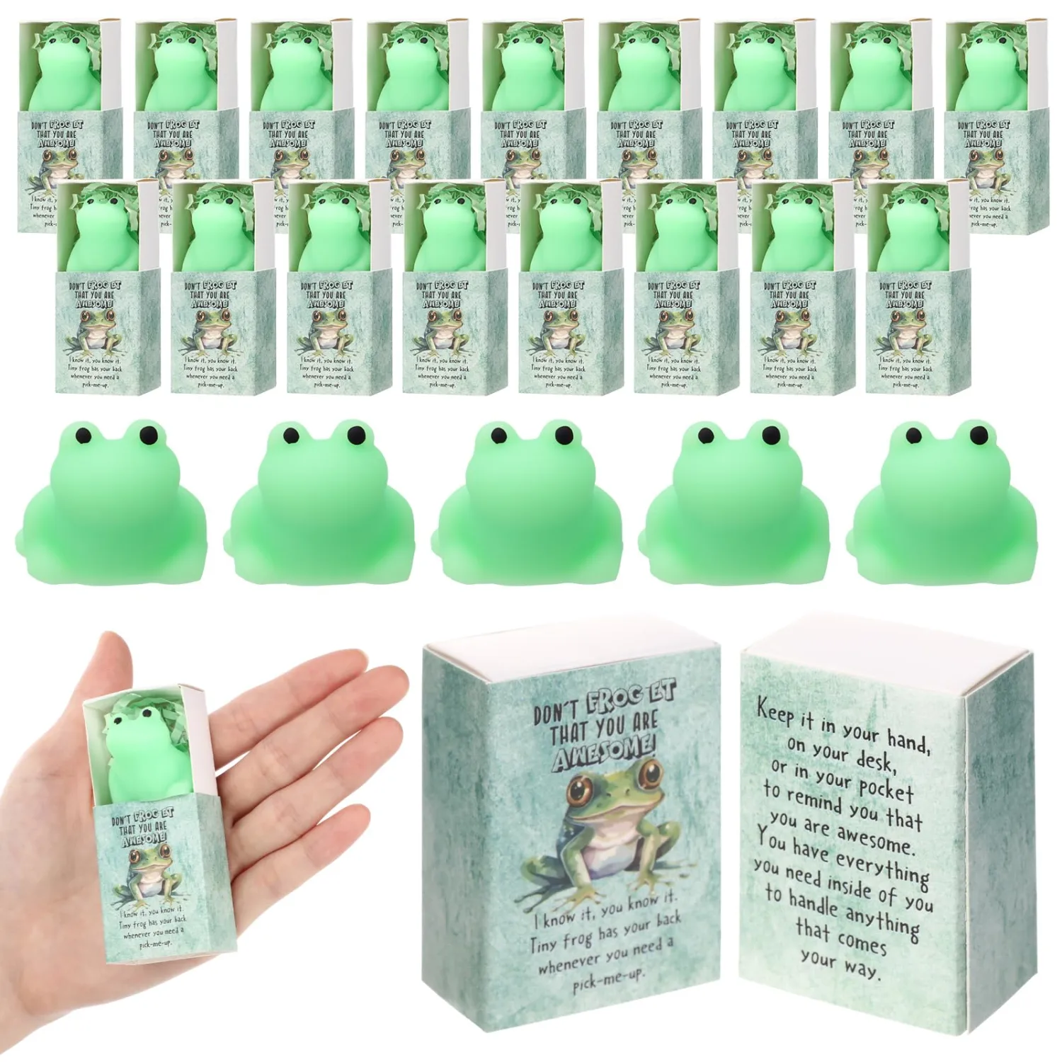Wettarn 24 Sets Positive Gifts Frog Stress Balls with Support Boxes You are Awesome Party Favors for Passover Birthday Christmas Valentines Stuffers Office Prizes Green Desk Decor