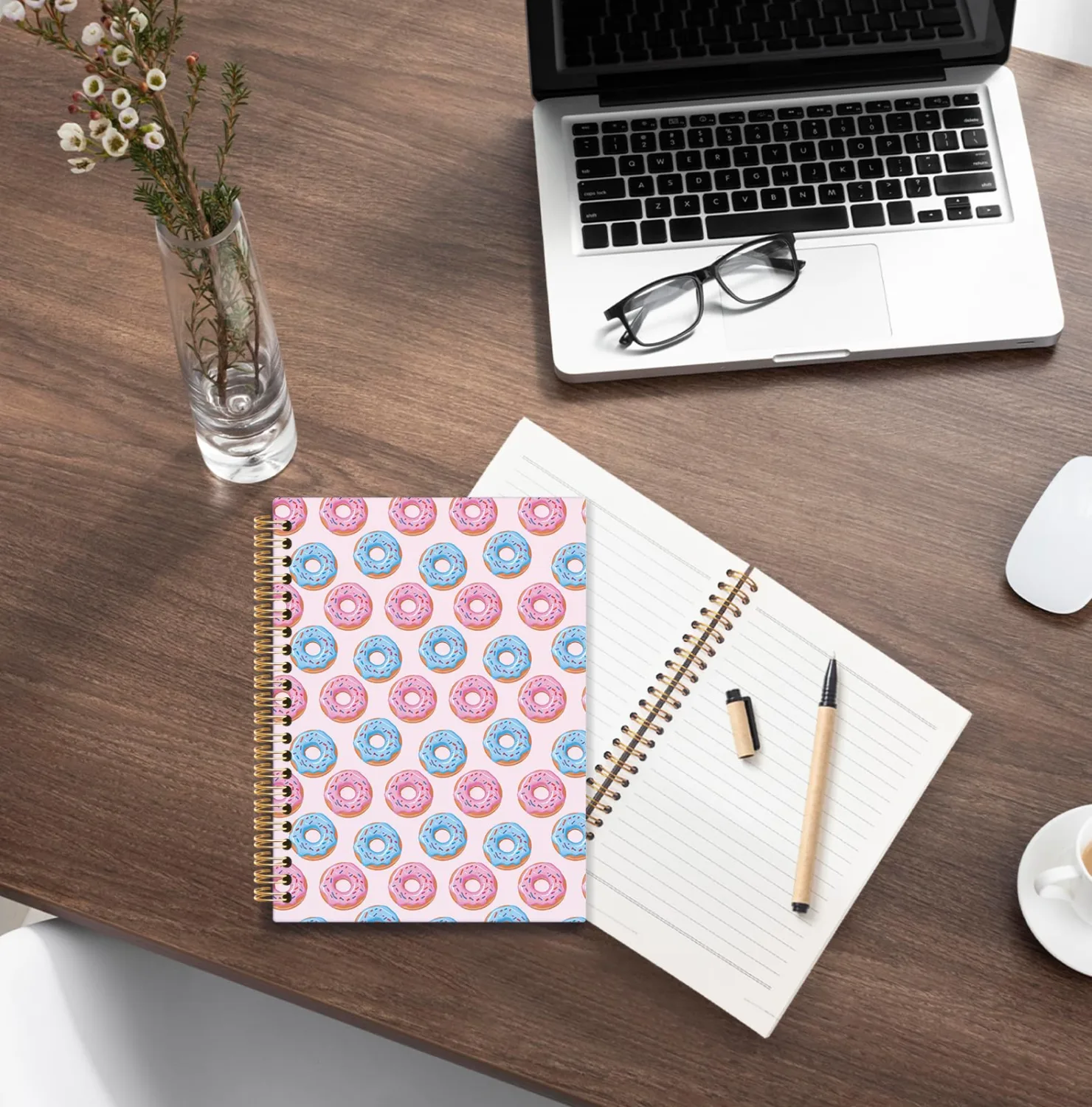 Donut Spiral Notebook, Kids Notebooks for Girls, Girly Cute Donut Journals for Writing, Preppy Pink and Blue Dessert Notebook for Note Taking, Cute Office Supplies, 5.5x8.3 Inch