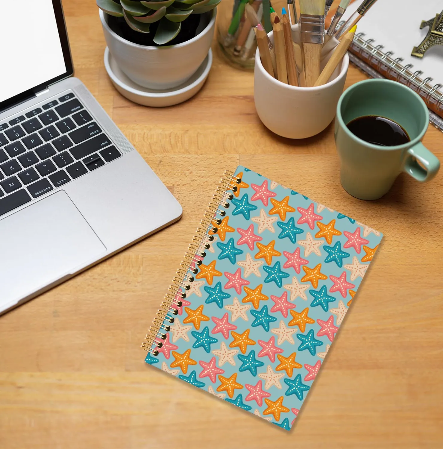Coastal Starfish Spiral Notebook, Beach Sea Star Journals for Writing, Ocean Nautical Notebooks for Note Taking, Cute Beachy Office Supplies, 5.5x8.3 Inch